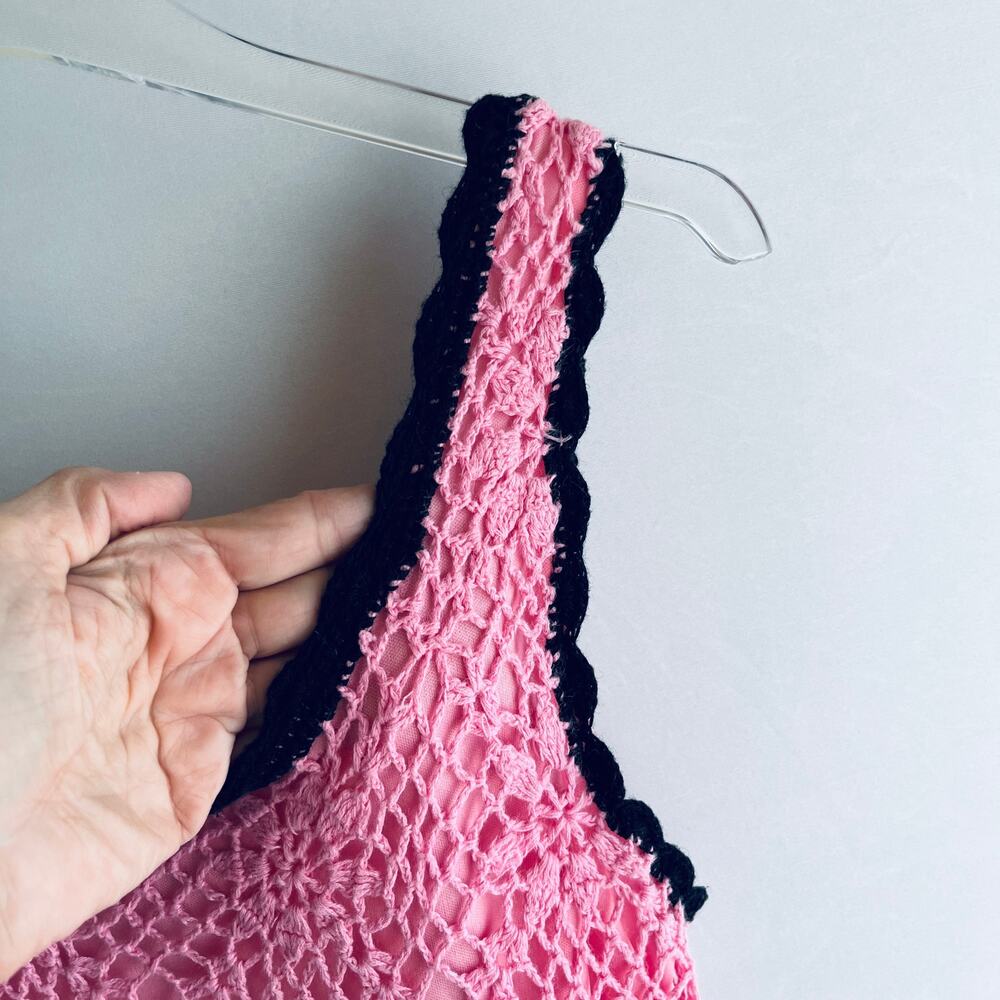 JJ Basics Crochet Babydoll Top Pink Black Y2K Coquette Barbie Soft Dainty M - Picture 4 of 8